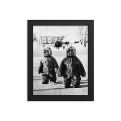 Twins Toddlers Dressed for Cold on a Russian Street, 1968 framed print on a plain backdrop in size 8"x10".