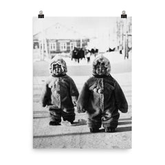 Twins Toddlers Dressed for Cold on a Russian Street, 1968 poster on a plain backdrop in size 8"x10".