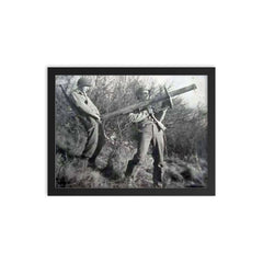 Two American Soldiers with a Captured Panzerschreck framed print on a plain backdrop in size 12"x16".