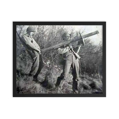 Two American Soldiers with a Captured Panzerschreck framed print on a plain backdrop in size 16"x20".