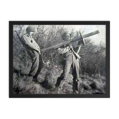 Two American Soldiers with a Captured Panzerschreck framed print on a plain backdrop in size 18"x24".