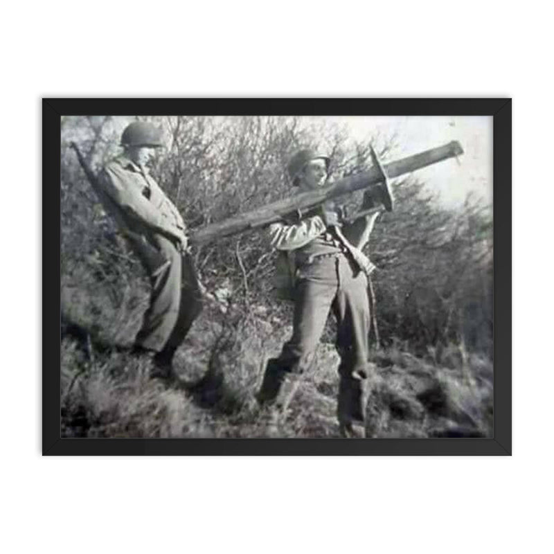 Two American Soldiers with a Captured Panzerschreck framed print on a plain backdrop in size 18