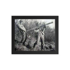 Two American Soldiers with a Captured Panzerschreck framed print on a plain backdrop in size 8"x10".