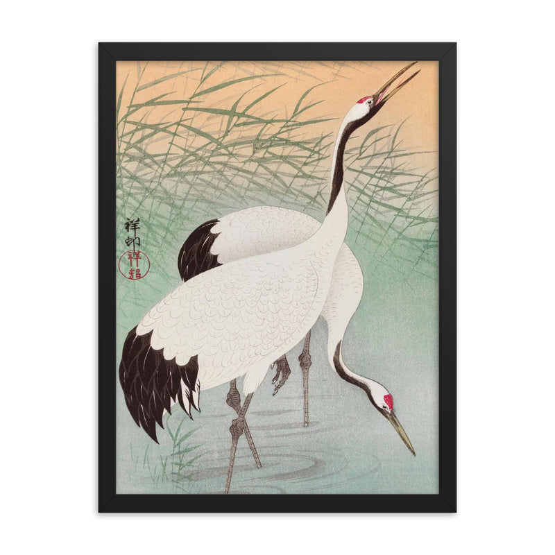 Two Cranes by Ohara Koson framed print on a plain backdrop in size 18