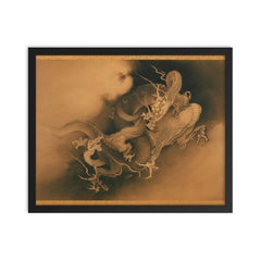 Two Dragons in Clouds by Kano Hogai, 1885 framed print on a plain backdrop in size 16"x20".