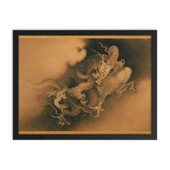 Two Dragons in Clouds by Kano Hogai, 1885 framed print on a plain backdrop in size 18"x24".