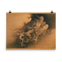 Two Dragons in Clouds by Kano Hogai, 1885 poster on a plain backdrop in size 8"x10".