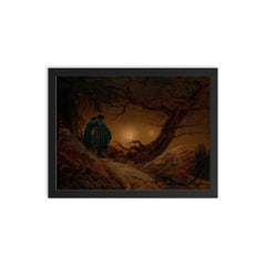 Two Men Contemplating the Moon by Caspar David Friedrich, 1820 framed print on a plain backdrop in size 12"x16".
