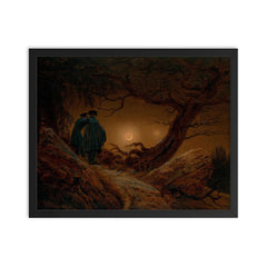 Two Men Contemplating the Moon by Caspar David Friedrich, 1820 framed print on a plain backdrop in size 16"x20".