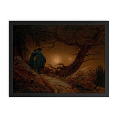 Two Men Contemplating the Moon by Caspar David Friedrich, 1820 framed print on a plain backdrop in size 18"x24".