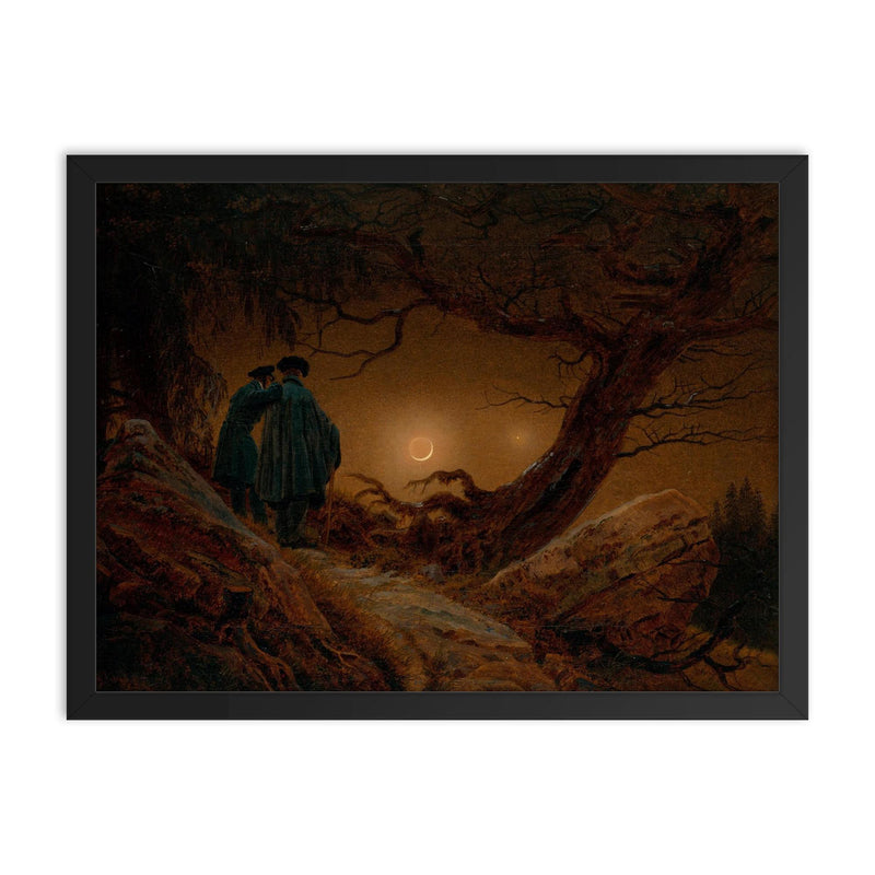 Two Men Contemplating the Moon by Caspar David Friedrich, 1820 framed print on a plain backdrop in size 18