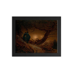 Two Men Contemplating the Moon by Caspar David Friedrich, 1820 framed print on a plain backdrop in size 8"x10".