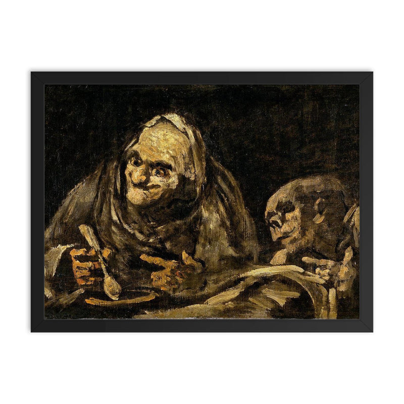 Two Old Men Eating Soup by Francisco Goya, 1820 framed print on a plain backdrop in size 18