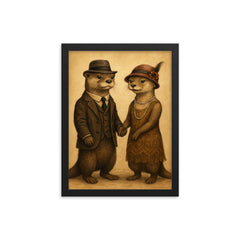 Two otters dressed in 1920s attire holding hands framed print on a plain backdrop in size 12"x16".