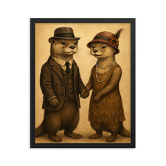Two otters dressed in 1920s attire holding hands framed print on a plain backdrop in size 16"x20".