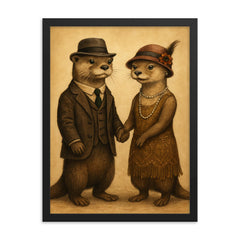 Two otters dressed in 1920s attire holding hands framed print on a plain backdrop in size 18"x24".