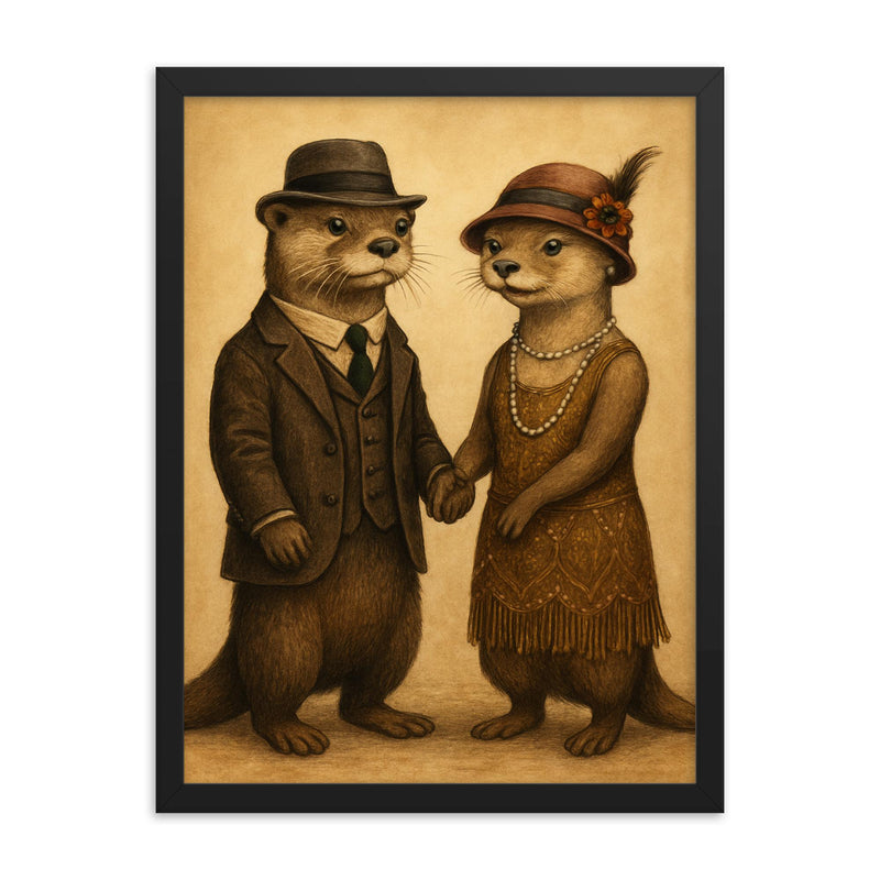 Two otters dressed in 1920s attire holding hands framed print on a plain backdrop in size 18