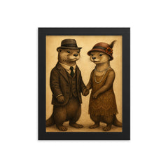 Two otters dressed in 1920s attire holding hands framed print on a plain backdrop in size 8"x10".