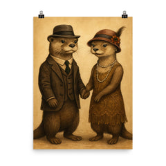 Two otters dressed in 1920s attire holding hands poster on a plain backdrop in size 8"x10".
