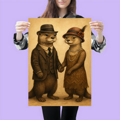 Two otters dressed in 1920s attire holding hands poster 3