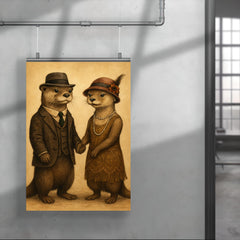 Two otters dressed in 1920s attire holding hands poster 4