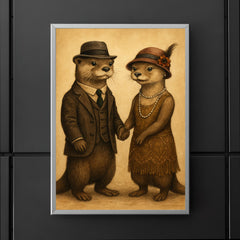 Two otters dressed in 1920s attire holding hands poster 5