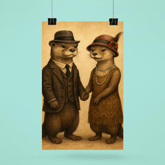 Two otters dressed in 1920s attire holding hands poster 6