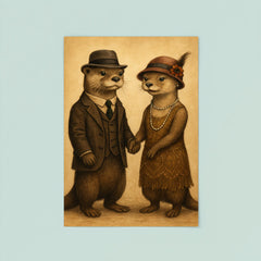 Two otters dressed in 1920s attire holding hands poster 8