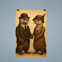 Two otters dressed in 1920s attire holding hands poster 9