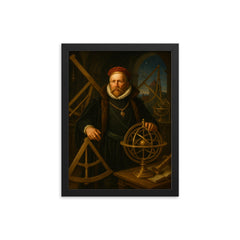 Tycho Brahe at Uraniborg with brass instruments framed print on a plain backdrop in size 12"x16".