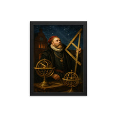 Tycho Brahe at Uraniborg with brass instruments framed print on a plain backdrop in size 12"x16".