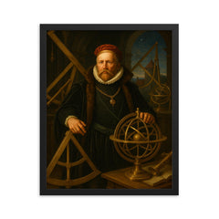 Tycho Brahe at Uraniborg with brass instruments framed print on a plain backdrop in size 16"x20".