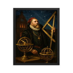 Tycho Brahe at Uraniborg with brass instruments framed print on a plain backdrop in size 16"x20".