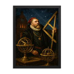 Tycho Brahe at Uraniborg with brass instruments framed print on a plain backdrop in size 18"x24".