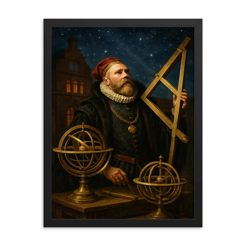 Tycho Brahe at Uraniborg with brass instruments framed print on a plain backdrop in size 18