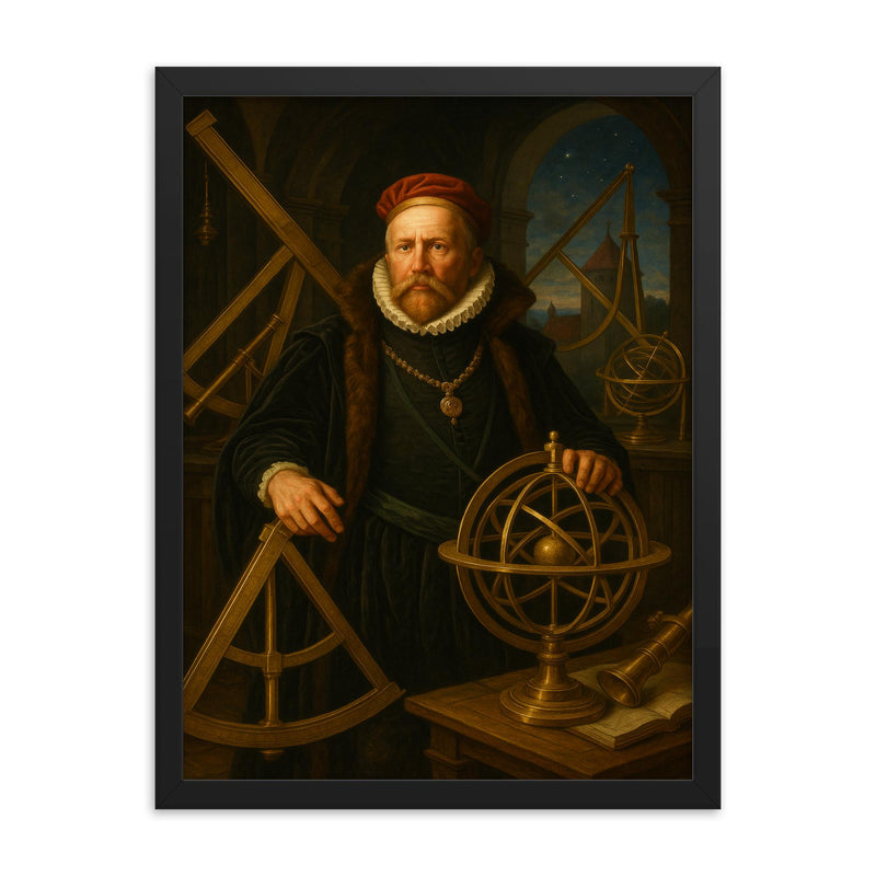 Tycho Brahe at Uraniborg with brass instruments framed print on a plain backdrop in size 18