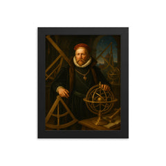 Tycho Brahe at Uraniborg with brass instruments framed print on a plain backdrop in size 8"x10".