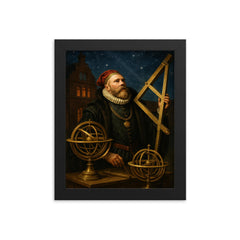Tycho Brahe at Uraniborg with brass instruments framed print on a plain backdrop in size 8"x10".