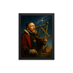 Tycho Brahe at Uraniborg with brass sextant framed print on a plain backdrop in size 12"x16".