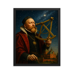 Tycho Brahe at Uraniborg with brass sextant framed print on a plain backdrop in size 16"x20".