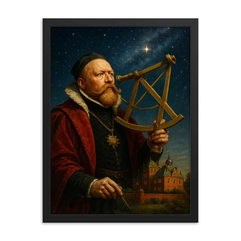 Tycho Brahe at Uraniborg with brass sextant framed print on a plain backdrop in size 18