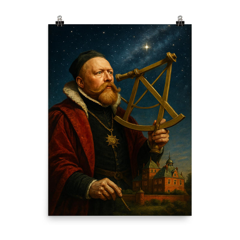 Tycho Brahe at Uraniborg with brass sextant poster on a plain backdrop in size 8
