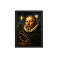 Tycho Brahe golden nose observatory portrait framed print on a plain backdrop in size 12"x16".