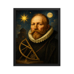 Tycho Brahe golden nose observatory portrait framed print on a plain backdrop in size 16"x20".