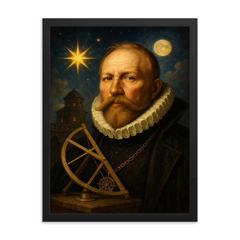 Tycho Brahe golden nose observatory portrait framed print on a plain backdrop in size 18