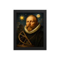 Tycho Brahe golden nose observatory portrait framed print on a plain backdrop in size 8"x10".