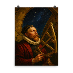 Tycho Brahe under a brass observatory dome poster on a plain backdrop in size 8"x10".