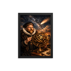 Tycho Brahe with brass armillary and comet framed print on a plain backdrop in size 12"x16".