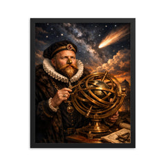 Tycho Brahe with brass armillary and comet framed print on a plain backdrop in size 16"x20".