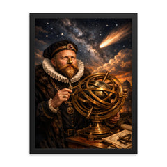 Tycho Brahe with brass armillary and comet framed print on a plain backdrop in size 18"x24".